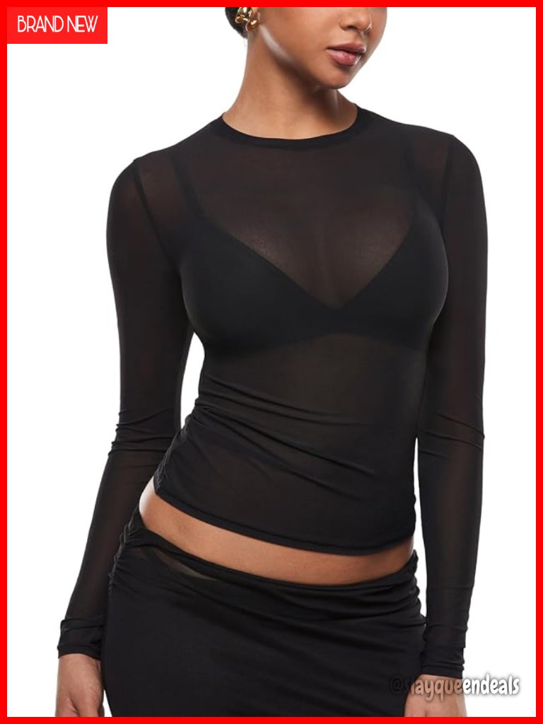 Sheer Mesh Long Sleeve Crew Neck Sexy Going Out Top